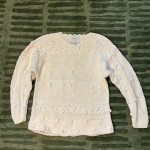 Cream Cable-Knit Crewneck Sweater with Bobble Detail